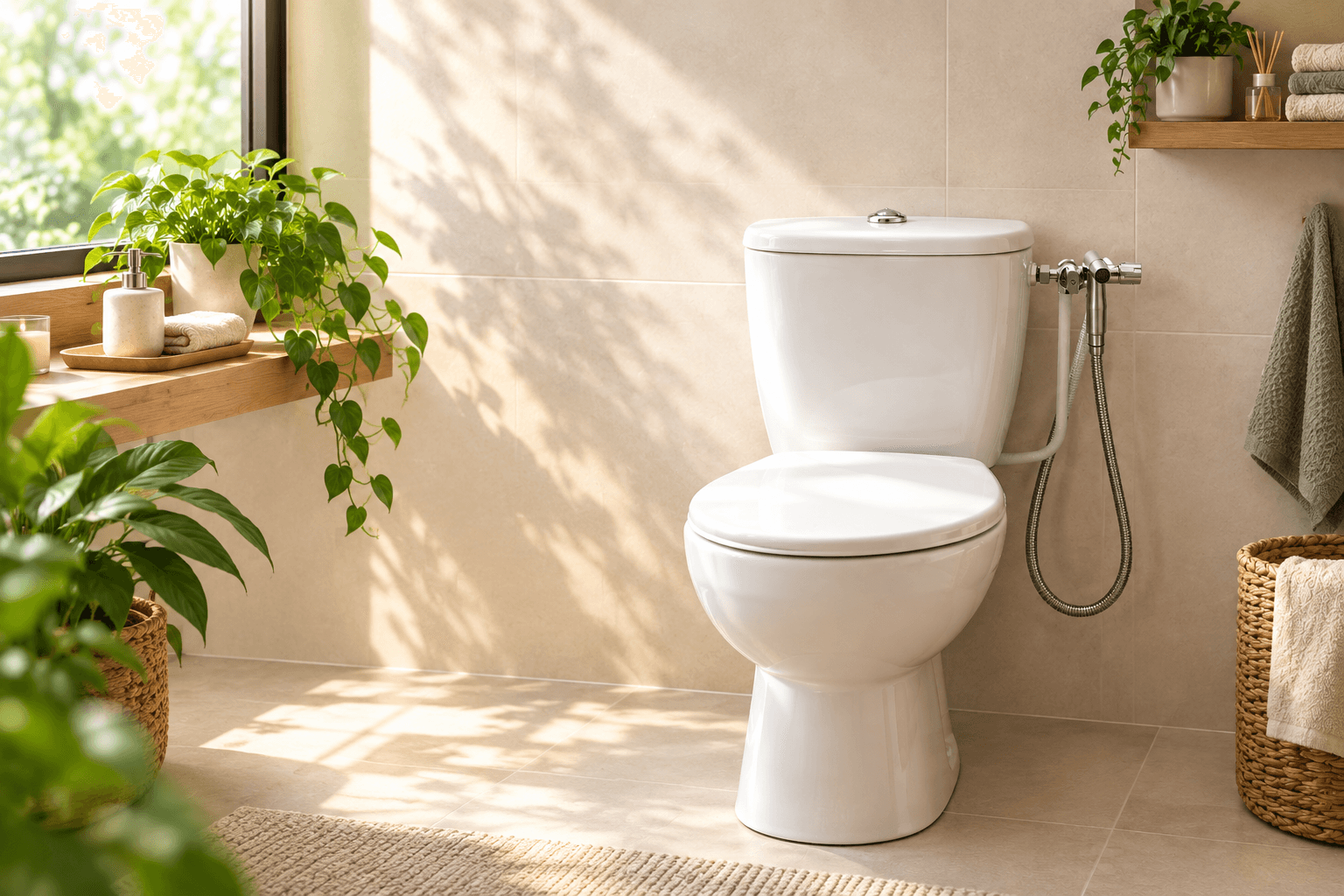 Toilettes lumineuses équipées d'une douchette WC chromée fixée au mur