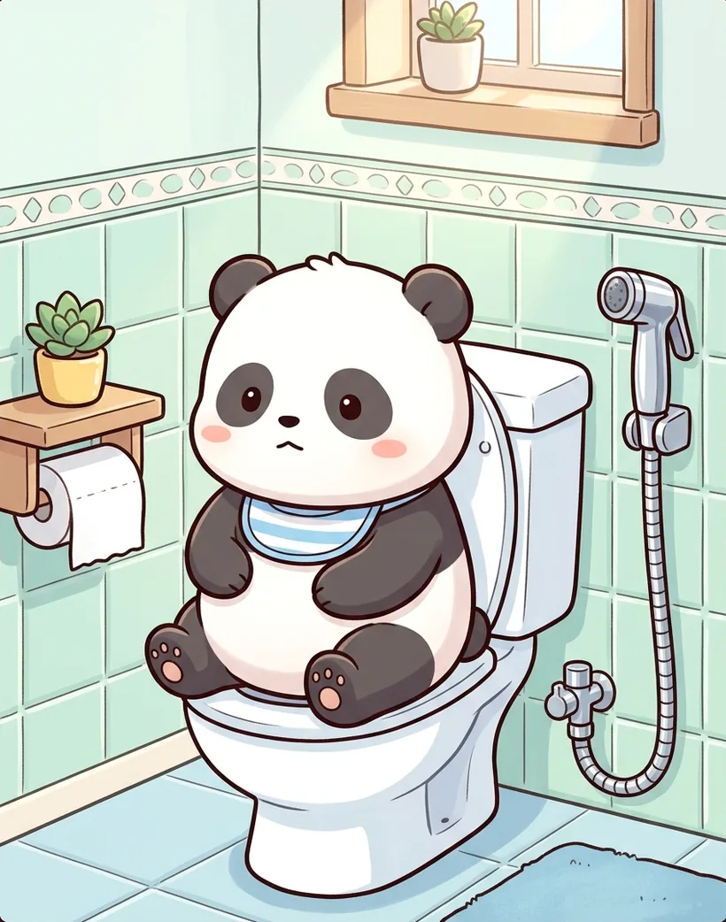 Un panda kawaii assis sur les toilettes, l'air neutre, à côté d'une douchette WC fixée au mur